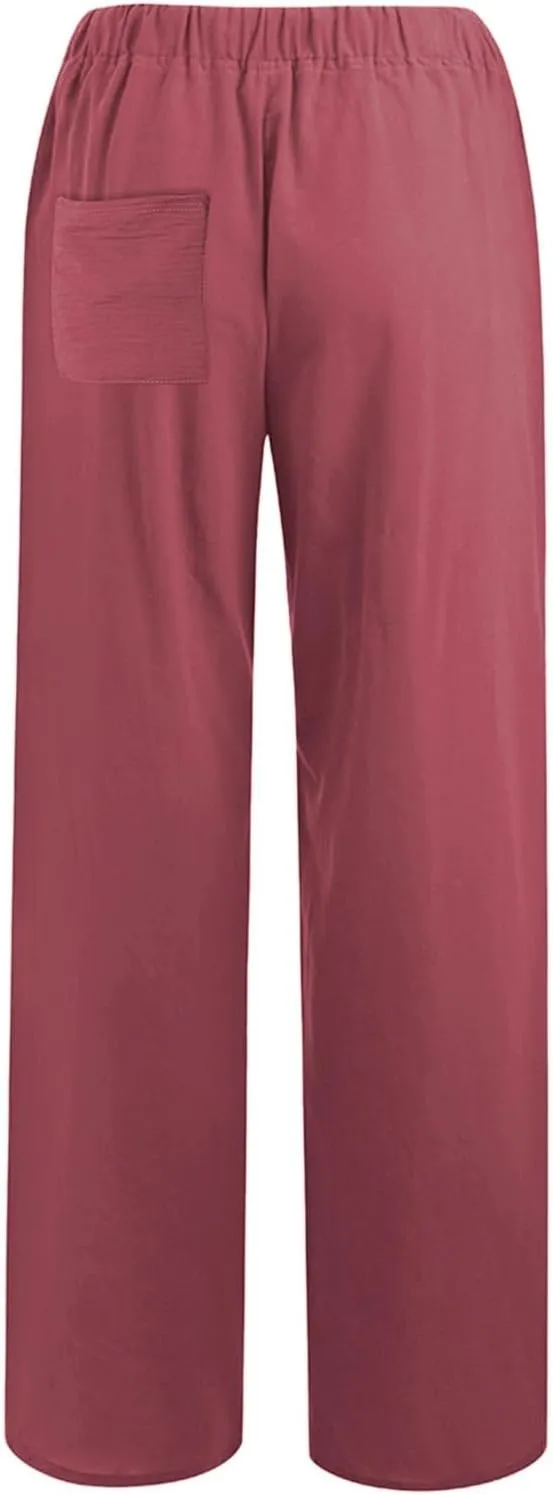 Women Summer Casual Drawstring Waist Cotton Linen Pants Wide Leg Flowy Beach Palazzo Slacks Soft Lightweight Trousers