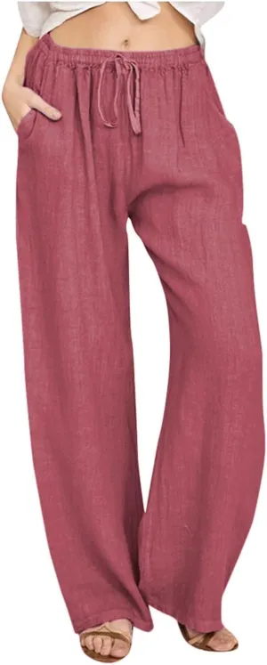 Women Summer Casual Drawstring Waist Cotton Linen Pants Wide Leg Flowy Beach Palazzo Slacks Soft Lightweight Trousers