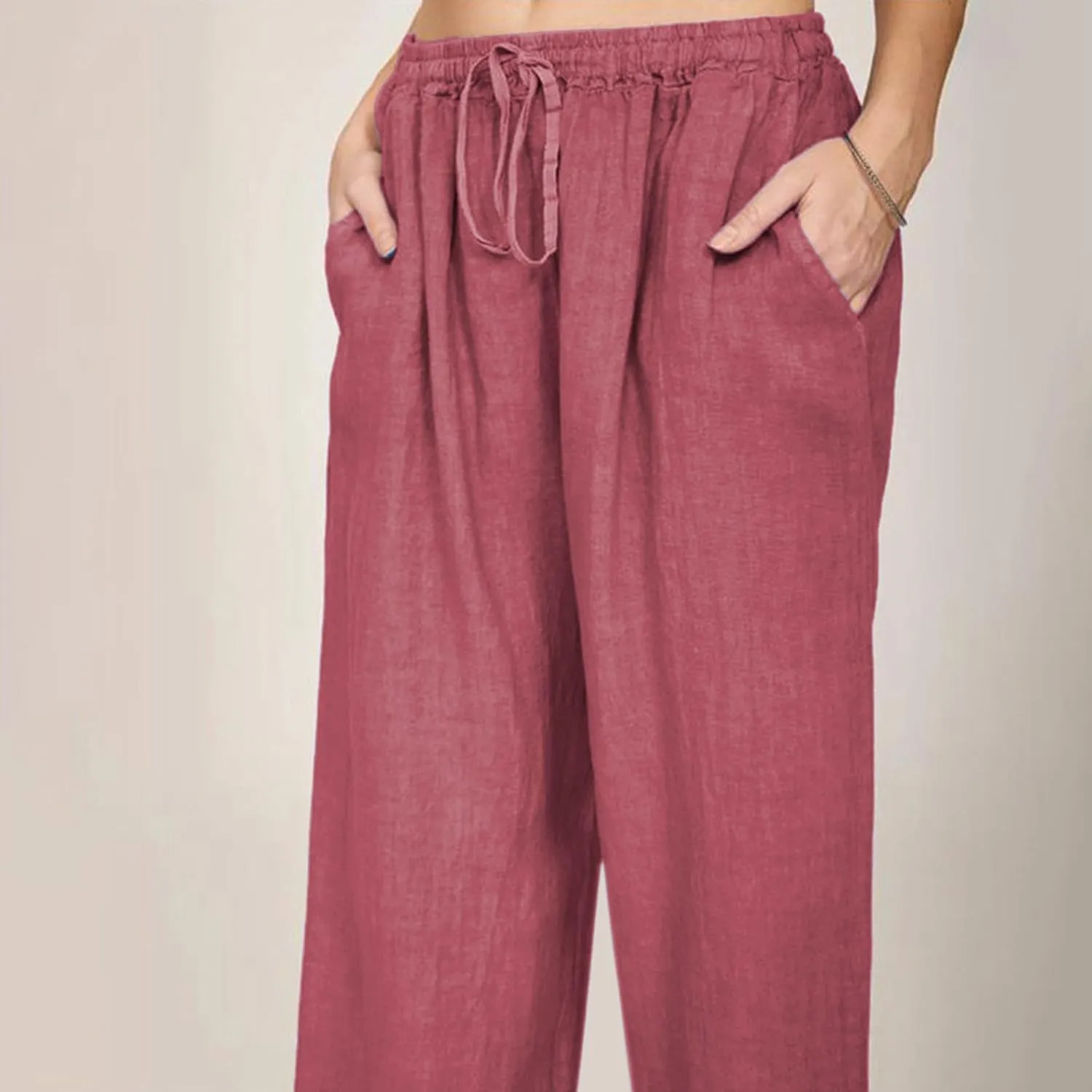 Women Summer Casual Drawstring Waist Cotton Linen Pants Wide Leg Flowy Beach Palazzo Slacks Soft Lightweight Trousers