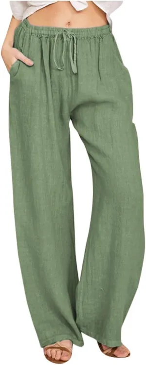 Women Summer Casual Drawstring Waist Cotton Linen Pants Wide Leg Flowy Beach Palazzo Slacks Soft Lightweight Trousers