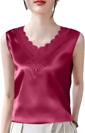 Women Summer Solid Color Lace V-Neck Printed Sleeveless Retro Loose T-Shirt Chiffon Pullover Tank Camisole Tops