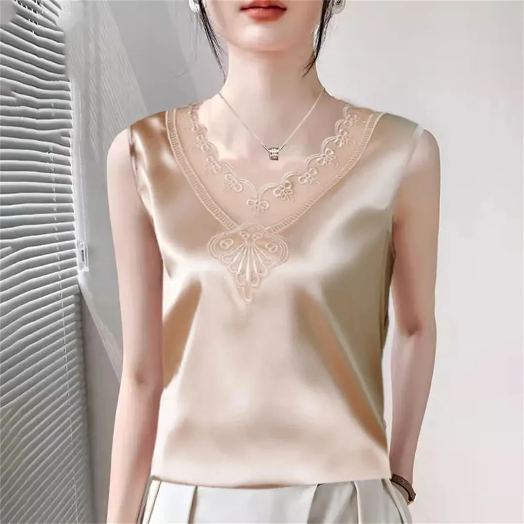 Women Summer Solid Color Lace V-Neck Printed Sleeveless Retro Loose T-Shirt Chiffon Pullover Tank Camisole Tops
