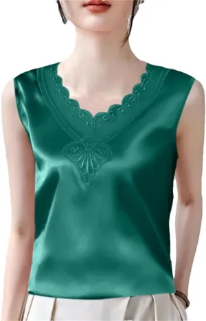 Women Summer Solid Color Lace V-Neck Printed Sleeveless Retro Loose T-Shirt Chiffon Pullover Tank Camisole Tops