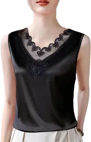 Women Summer Solid Color Lace V-Neck Printed Sleeveless Retro Loose T-Shirt Chiffon Pullover Tank Camisole Tops