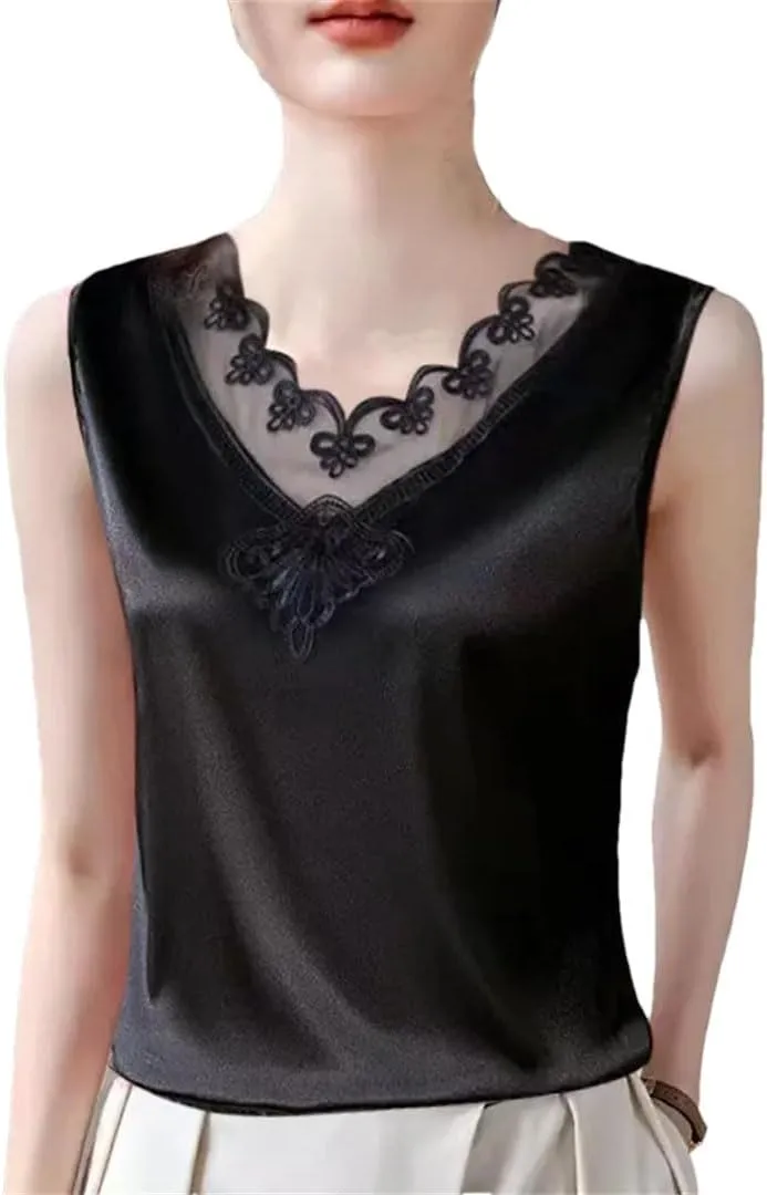 Women Summer Solid Color Lace V-Neck Printed Sleeveless Retro Loose T-Shirt Chiffon Pullover Tank Camisole Tops