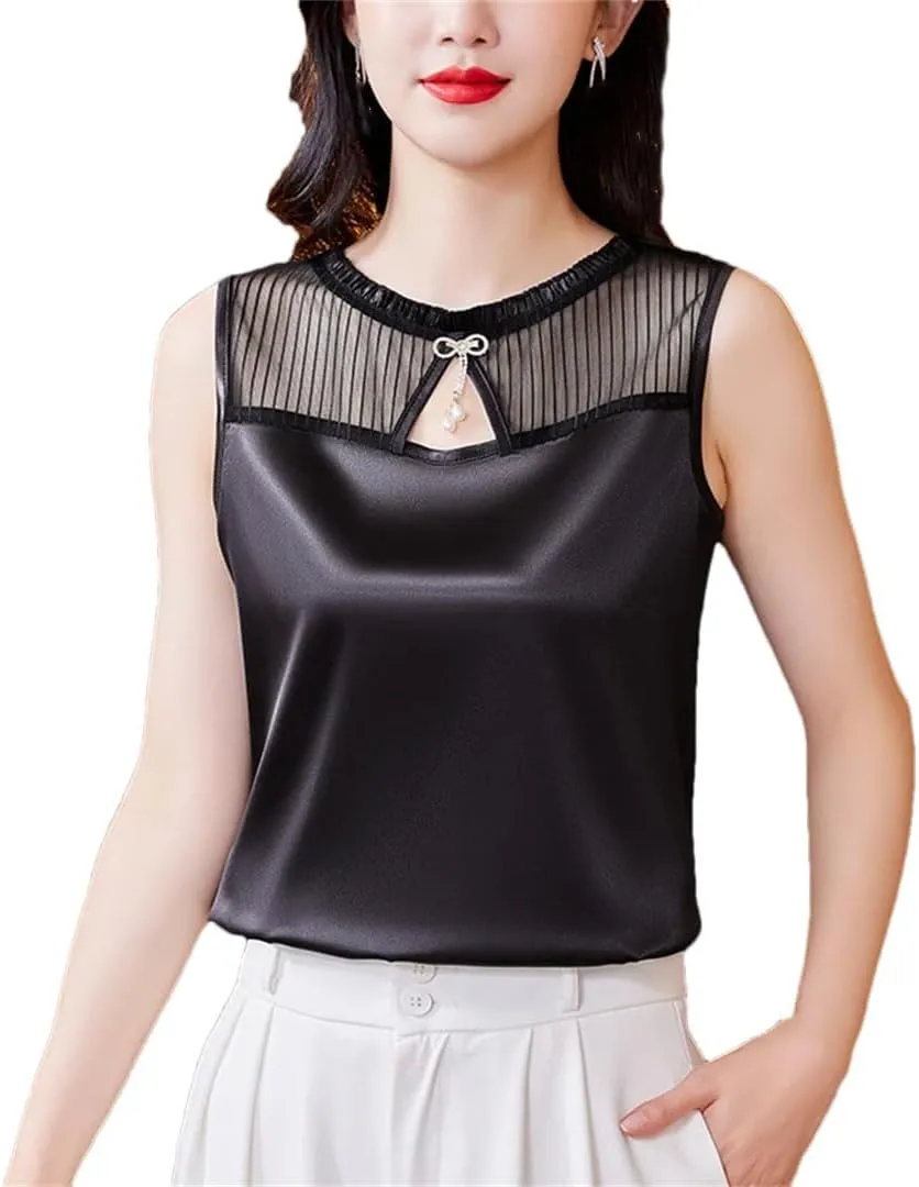 Women Summer Tank Top Sleeveless Silk Satin Shirt Casual Round Neck Hollow Out Patchwork Camisole Vest