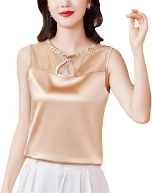 Women Summer Tank Top Sleeveless Silk Satin Shirt Casual Round Neck Hollow Out Patchwork Camisole Vest
