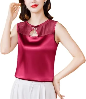 Women Summer Tank Top Sleeveless Silk Satin Shirt Casual Round Neck Hollow Out Patchwork Camisole Vest