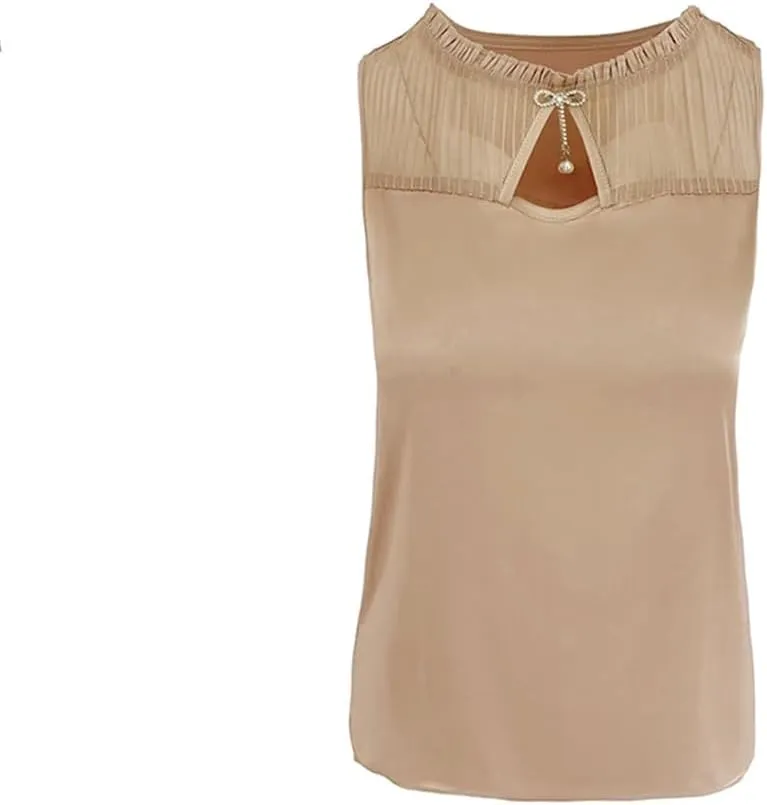 Women Summer Tank Top Sleeveless Silk Satin Shirt Casual Round Neck Hollow Out Patchwork Camisole Vest