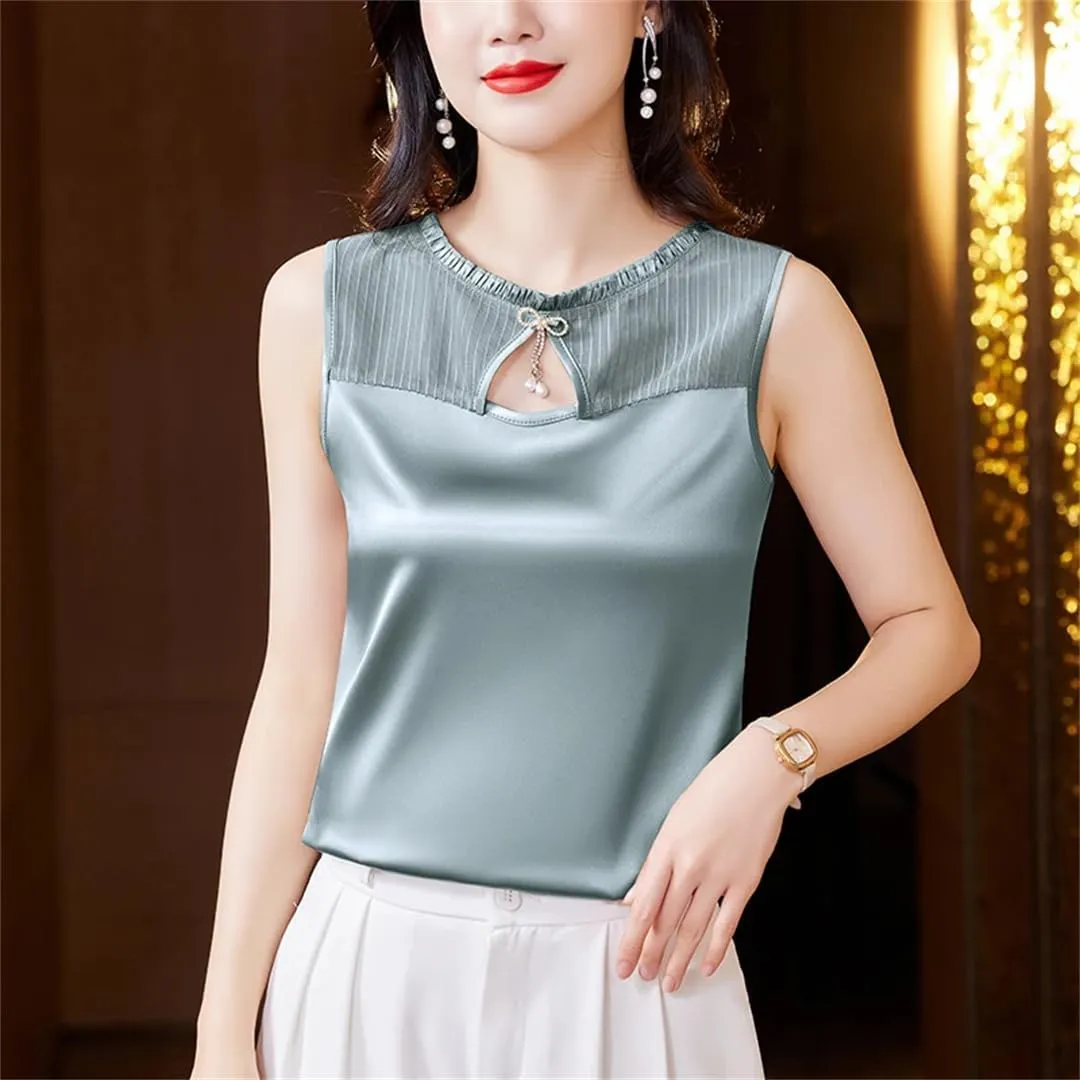 Women Summer Tank Top Sleeveless Silk Satin Shirt Casual Round Neck Hollow Out Patchwork Camisole Vest
