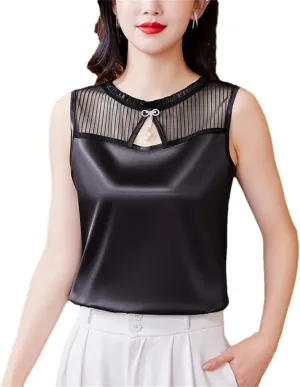 Women Summer Tank Top Sleeveless Silk Satin Shirt Casual Round Neck Hollow Out Patchwork Camisole Vest