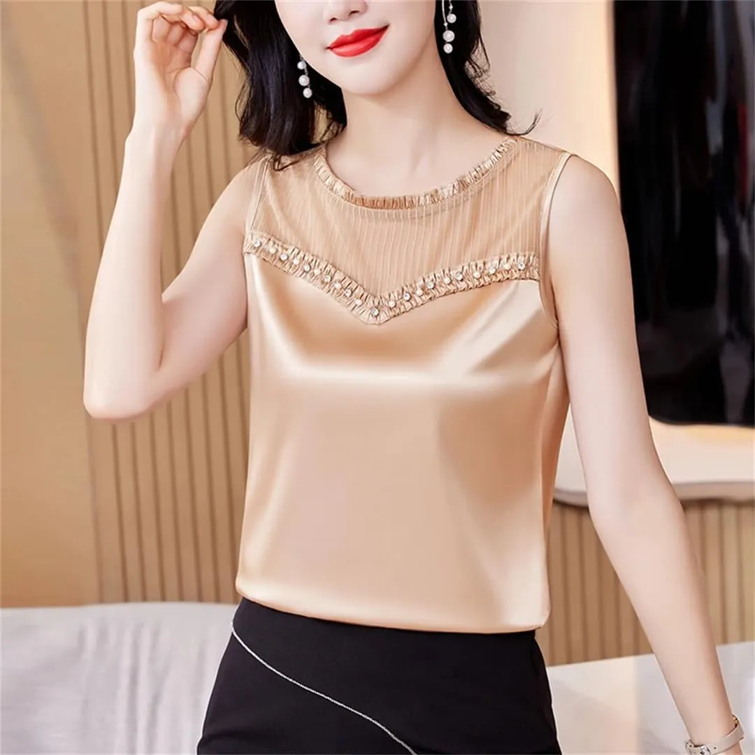 Women Summer Tank Tops Spring Summer Silk Satin Camisole Sleeveless Patchwork Beaded Diamond Vest Shirt