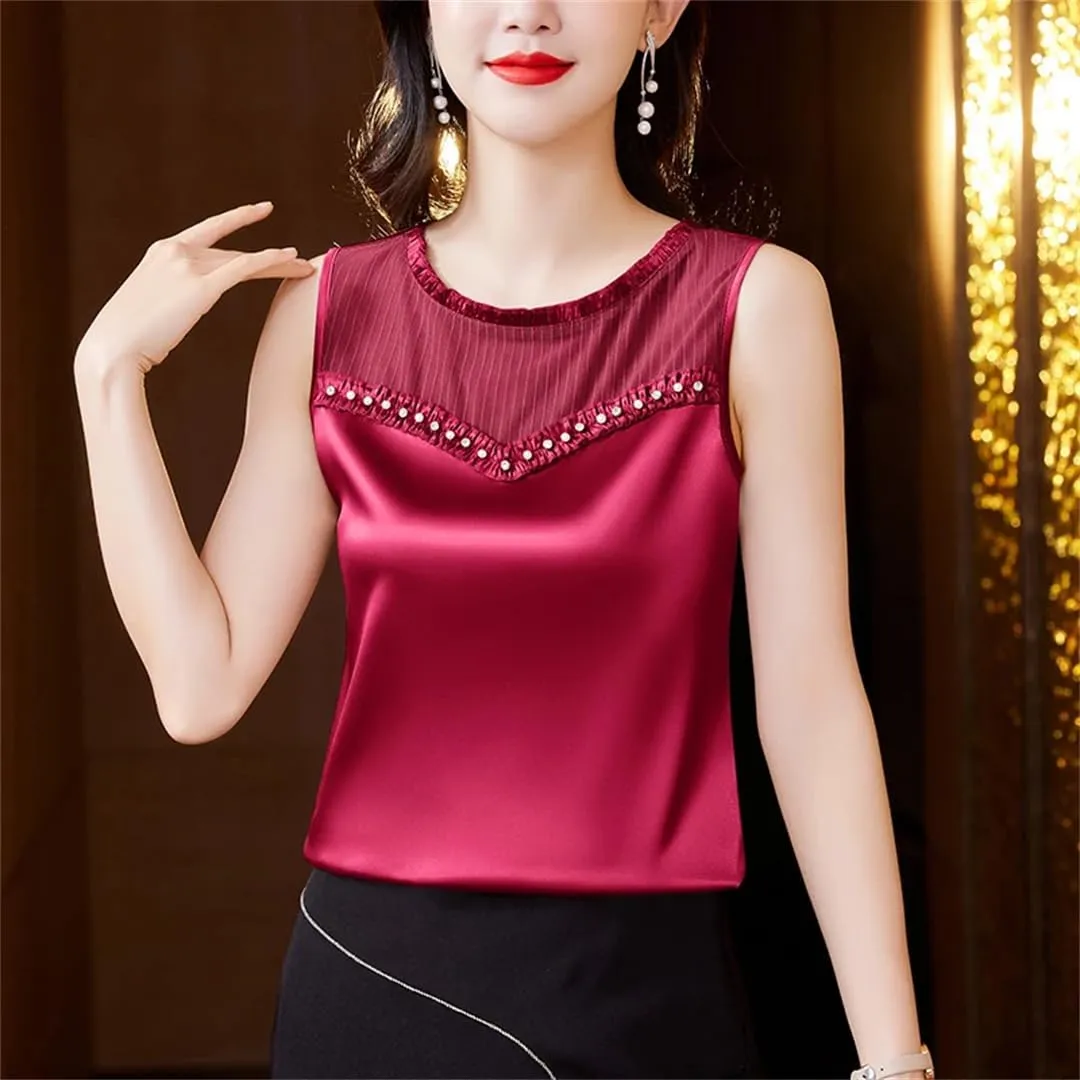 Women Summer Tank Tops Spring Summer Silk Satin Camisole Sleeveless Patchwork Beaded Diamond Vest Shirt