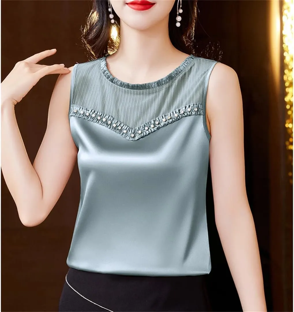 Women Summer Tank Tops Spring Summer Silk Satin Camisole Sleeveless Patchwork Beaded Diamond Vest Shirt