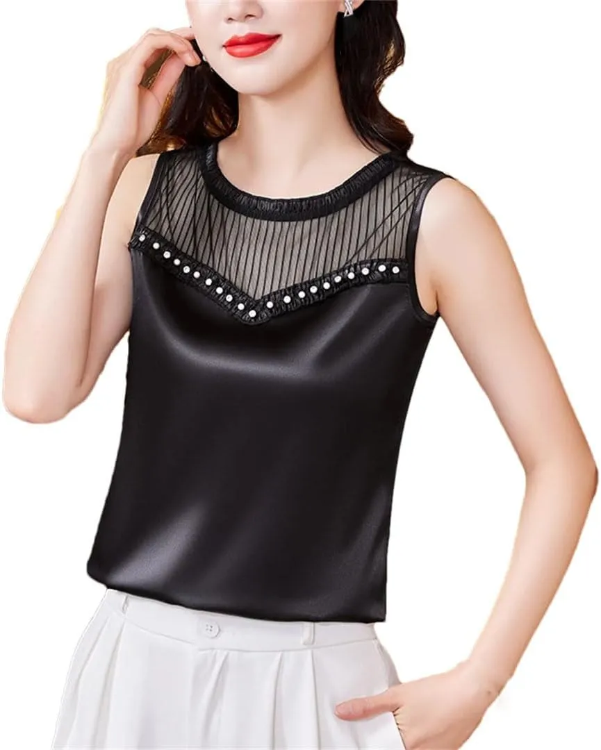 Women Summer Tank Tops Spring Summer Silk Satin Camisole Sleeveless Patchwork Beaded Diamond Vest Shirt