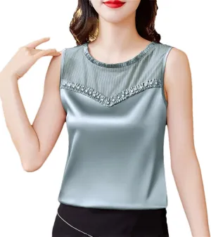 Women Summer Tank Tops Spring Summer Silk Satin Camisole Sleeveless Patchwork Beaded Diamond Vest Shirt