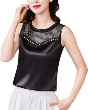 Women Summer Tank Tops Spring Summer Silk Satin Camisole Sleeveless Patchwork Beaded Diamond Vest Shirt