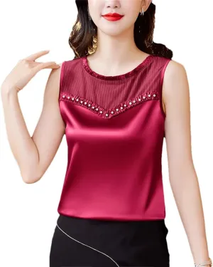 Women Summer Tank Tops Spring Summer Silk Satin Camisole Sleeveless Patchwork Beaded Diamond Vest Shirt