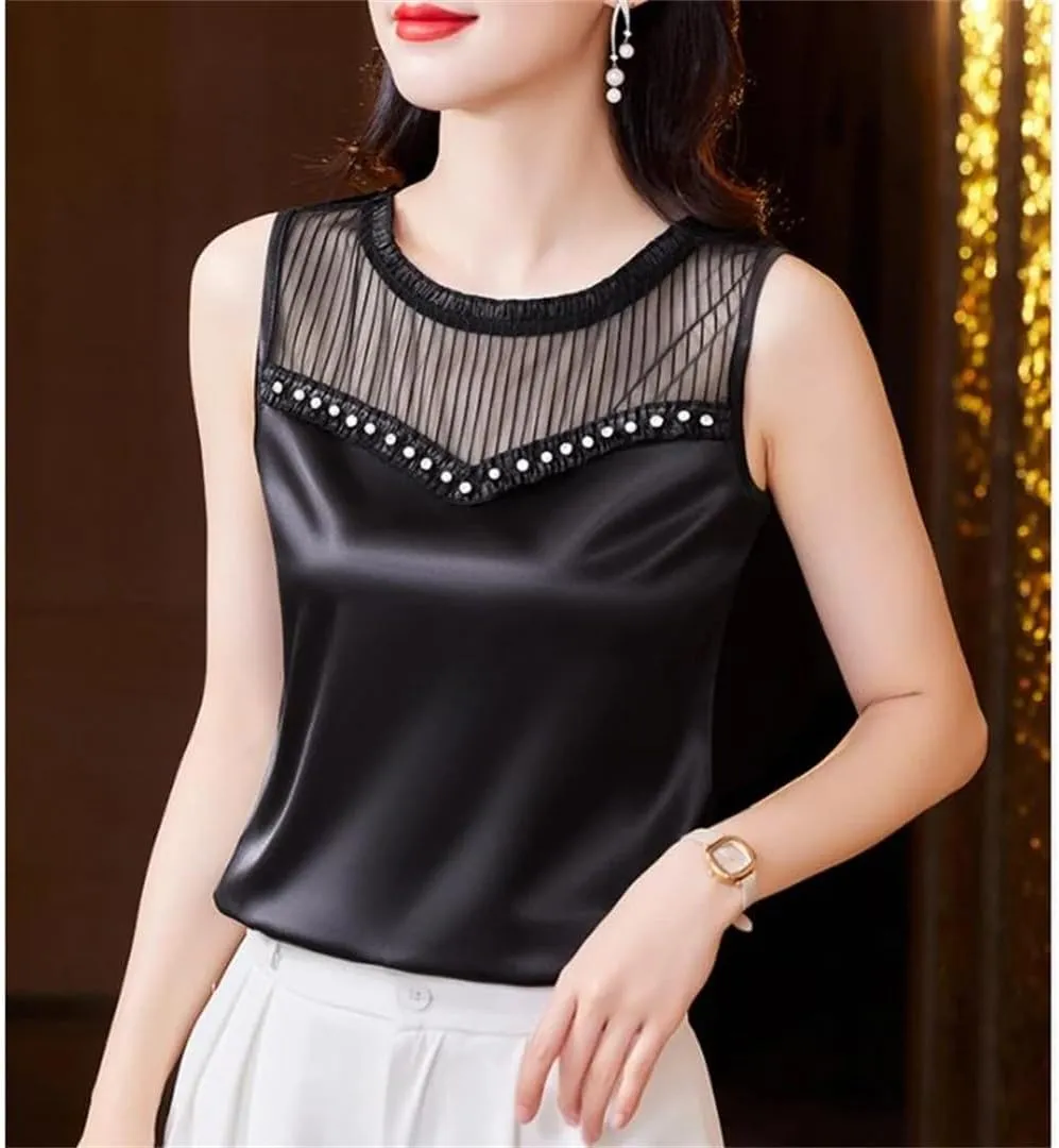 Women Summer Tank Tops Spring Summer Silk Satin Camisole Sleeveless Patchwork Beaded Diamond Vest Shirt