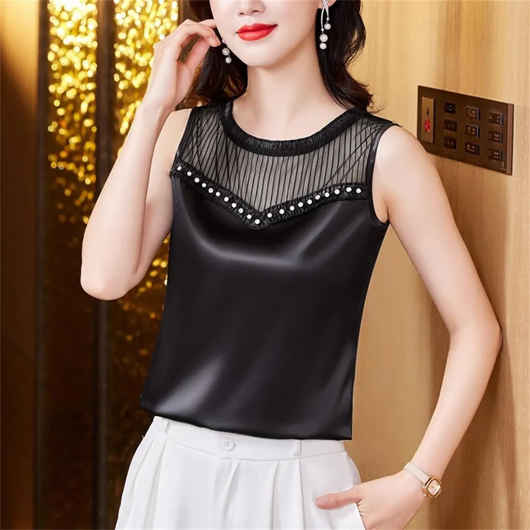 Women Summer Tank Tops Spring Summer Silk Satin Camisole Sleeveless Patchwork Beaded Diamond Vest Shirt