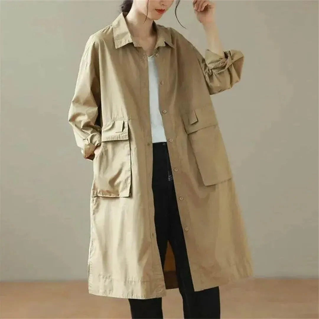 Women Trench Jacket Loose Oversize Long Mid Knee Length Spring Vintage Cotton Windbreaker