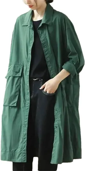 Women Trench Jacket Loose Oversize Long Mid Knee Length Spring Vintage Cotton Windbreaker
