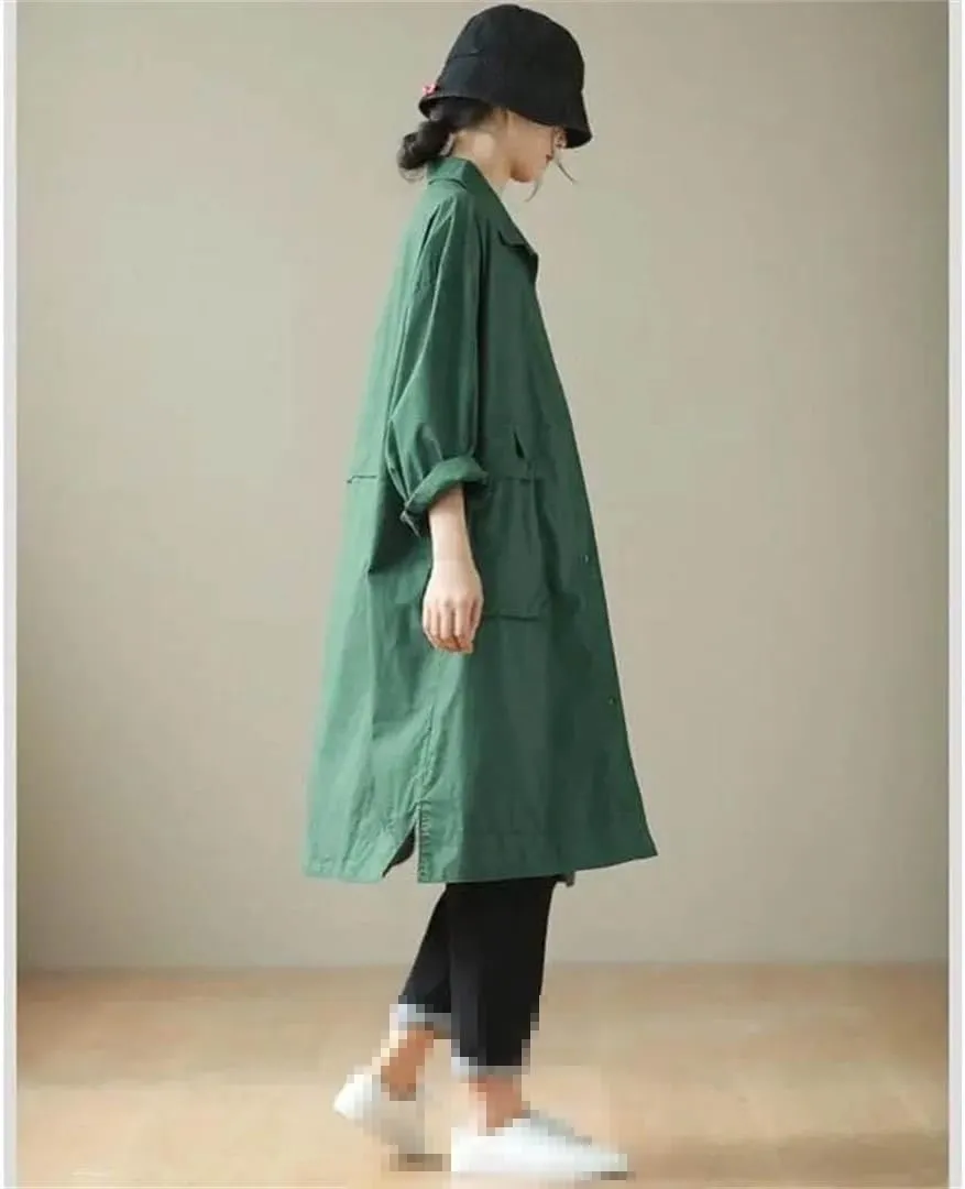 Women Trench Jacket Loose Oversize Long Mid Knee Length Spring Vintage Cotton Windbreaker