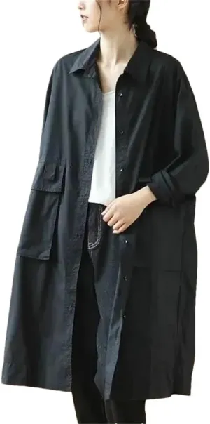 Women Trench Jacket Loose Oversize Long Mid Knee Length Spring Vintage Cotton Windbreaker