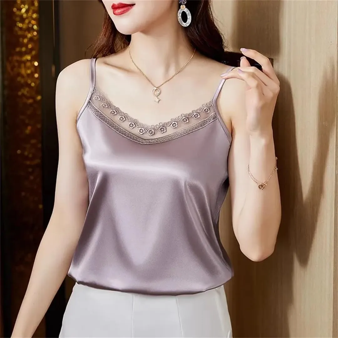 Women V-Neck Sexy Lace Sleeveless Suspended Tank Top Elegant Basic Backless Satin Camisole Vest