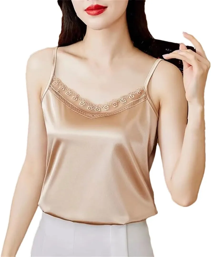 Women V-Neck Sexy Lace Sleeveless Suspended Tank Top Elegant Basic Backless Satin Camisole Vest