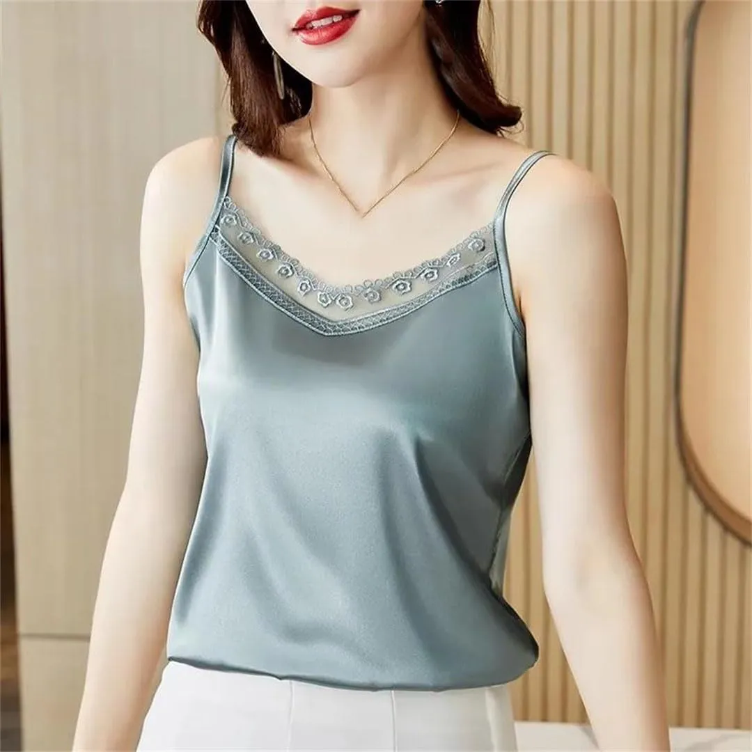 Women V-Neck Sexy Lace Sleeveless Suspended Tank Top Elegant Basic Backless Satin Camisole Vest