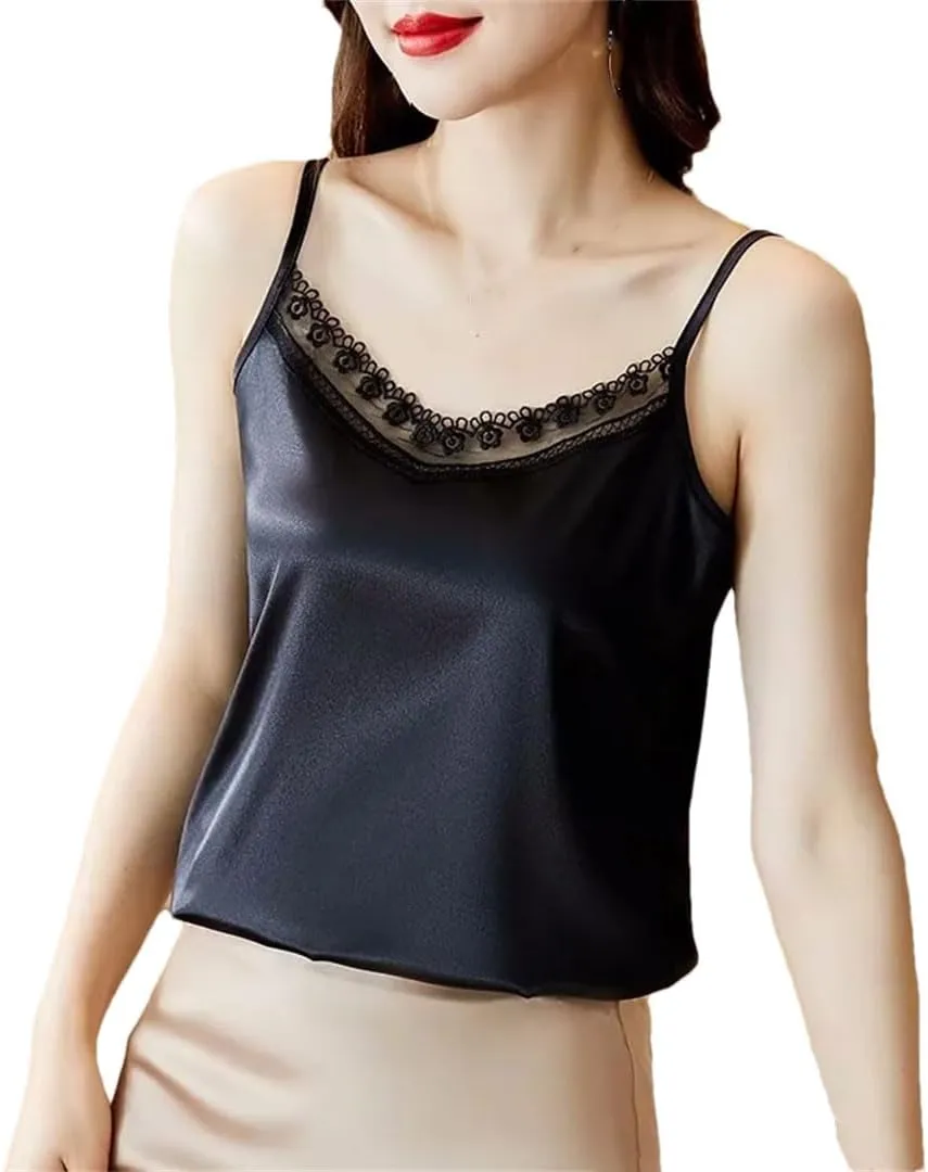 Women V-Neck Sexy Lace Sleeveless Suspended Tank Top Elegant Basic Backless Satin Camisole Vest