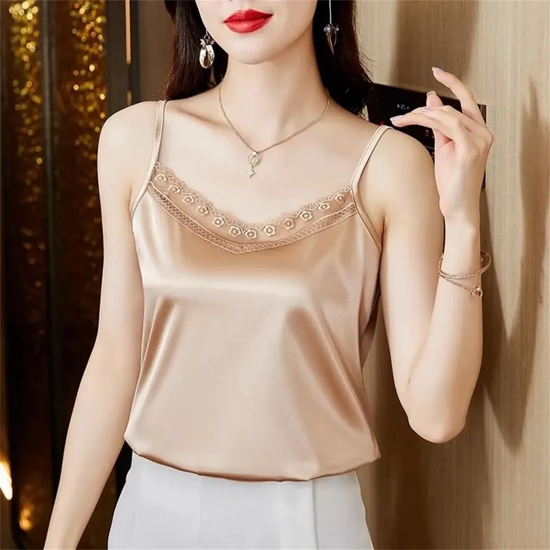 Women V-Neck Sexy Lace Sleeveless Suspended Tank Top Elegant Basic Backless Satin Camisole Vest