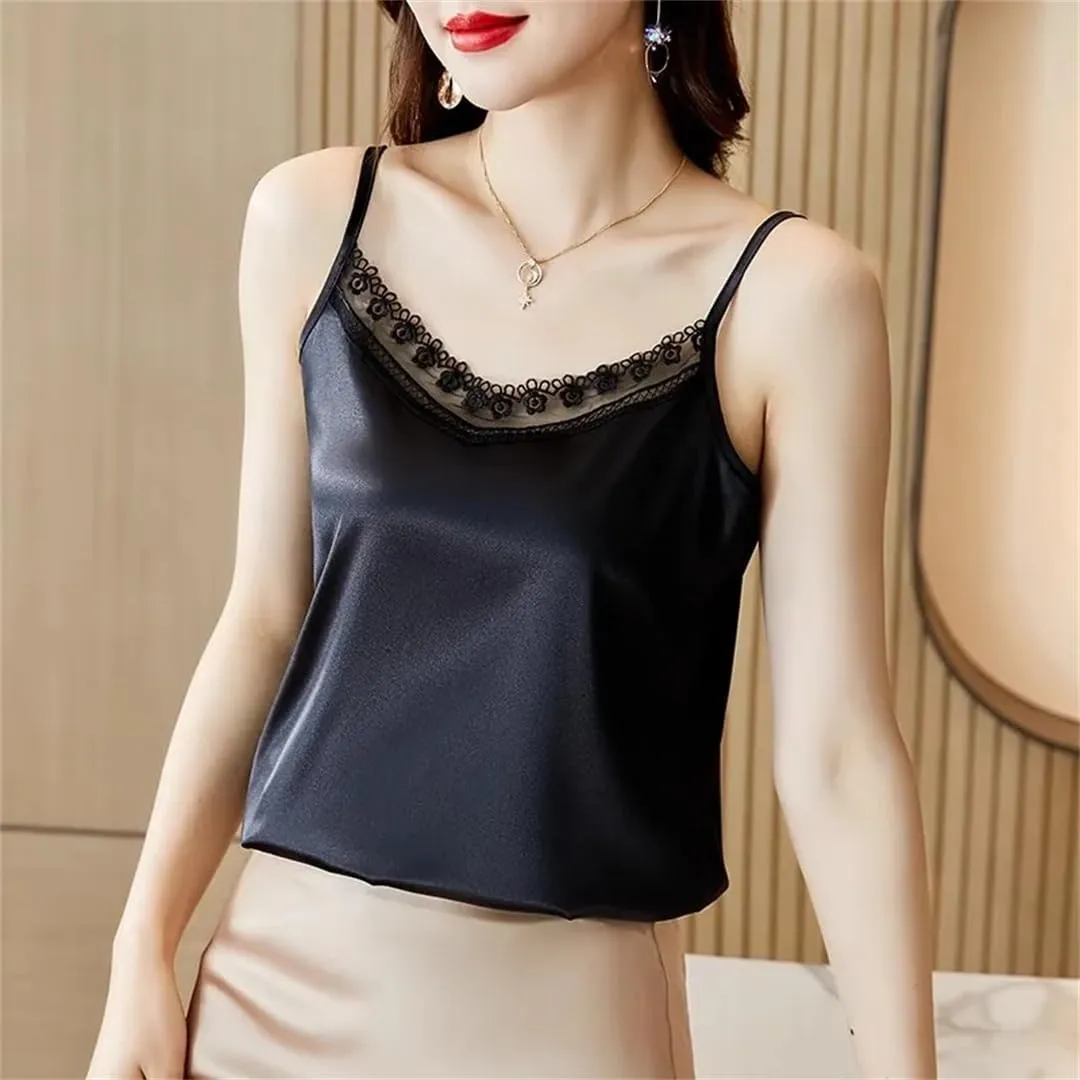 Women V-Neck Sexy Lace Sleeveless Suspended Tank Top Elegant Basic Backless Satin Camisole Vest