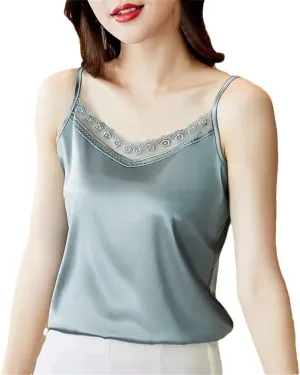 Women V-Neck Sexy Lace Sleeveless Suspended Tank Top Elegant Basic Backless Satin Camisole Vest