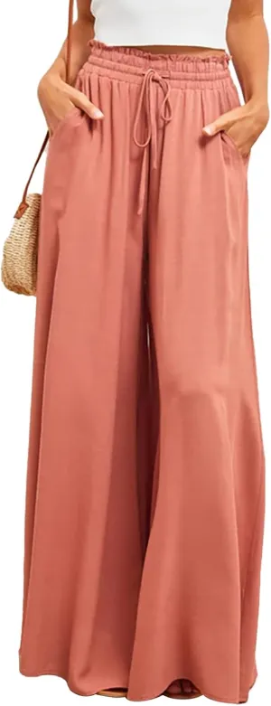 Women Wide Leg Pants Women Stretchy Waistband High Waist Drawstring Solid Color Loose Fit Soft Trousers with Pockets