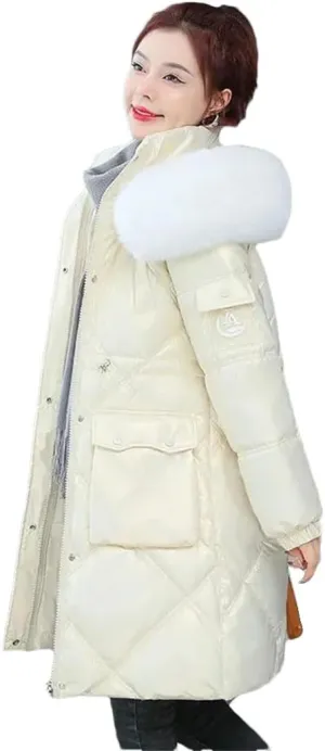 Women Winter Jacket Coat Fur Collar Hooded Overcoat Jacket Thick Warm Cotton Padded Puffer Parka Outwear