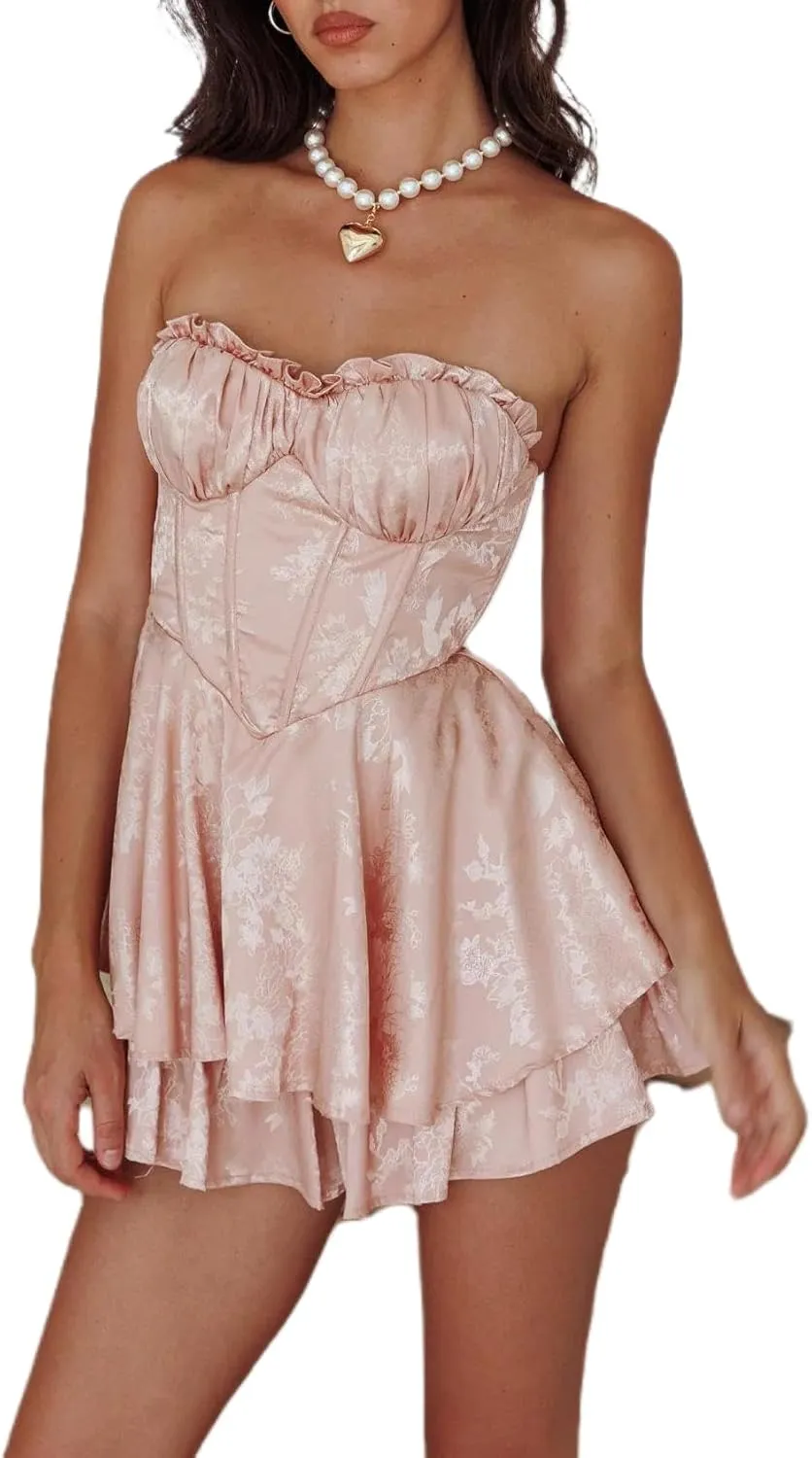 Women Y2k Satin Mini Dress Strapless Tube Short Dress Ruffle Flowy Mini Dress Going Out Party Clubwear