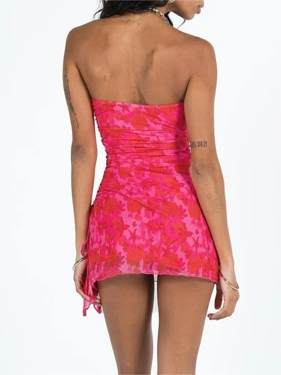 Women Y2k Strapless Tube Mini Dress Vintage Floral Print Bandeau Bodycon Short Dress Summer Going Out Streetwear