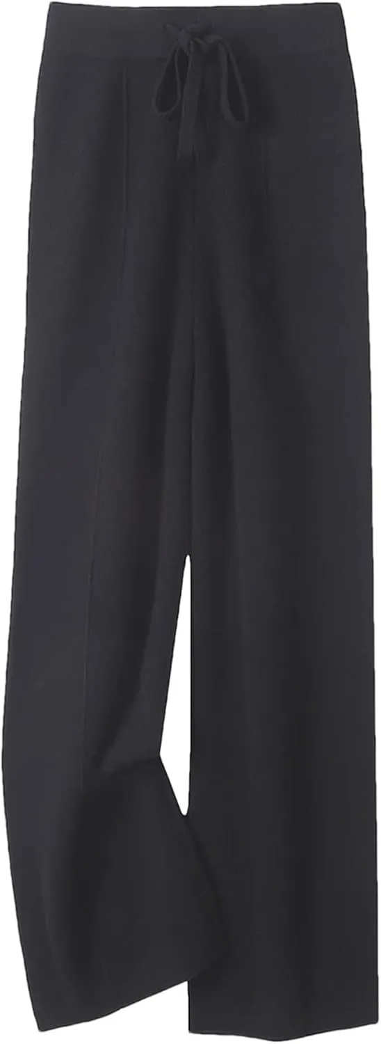 Womens 100 Percent Merino Wool Wide-Leg Pants Autumn Winter Soft Warm Knit Trousers