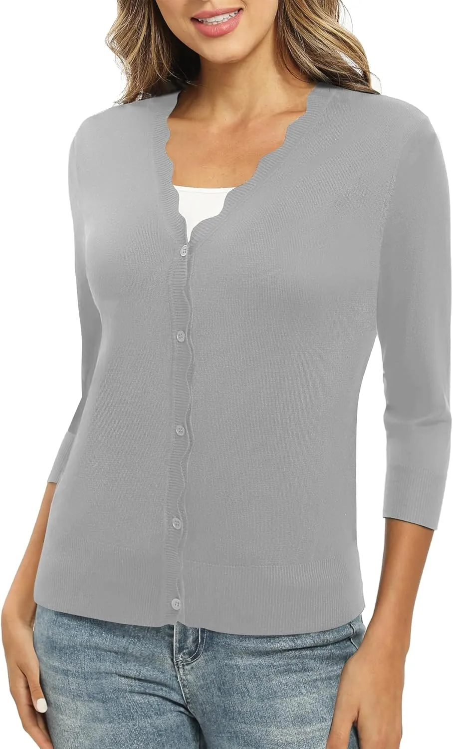 Women's 3/4 Sleeve V-Neck Cardigan Sweater Lightweight Button Down Short Shrug Sweaters for Dresses