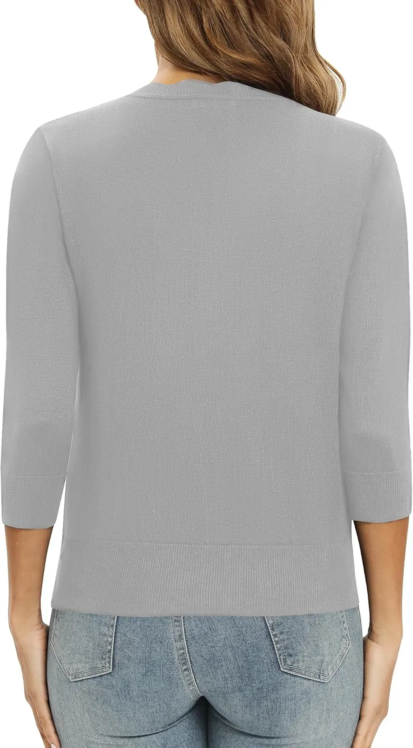 Women's 3/4 Sleeve V-Neck Cardigan Sweater Lightweight Button Down Short Shrug Sweaters for Dresses