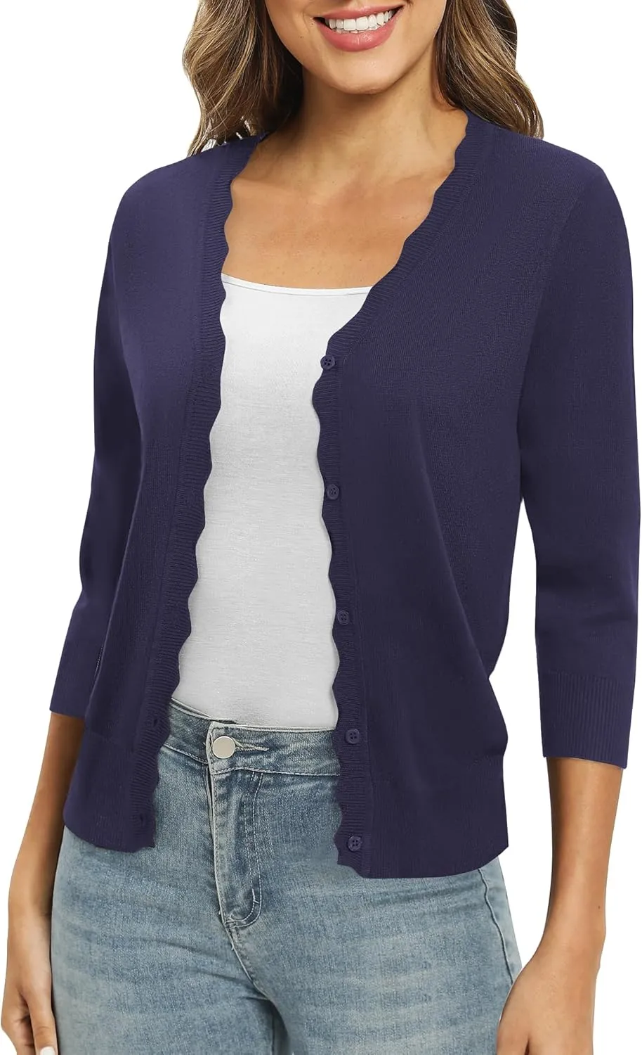 Women's 3/4 Sleeve V-Neck Cardigan Sweater Lightweight Button Down Short Shrug Sweaters for Dresses