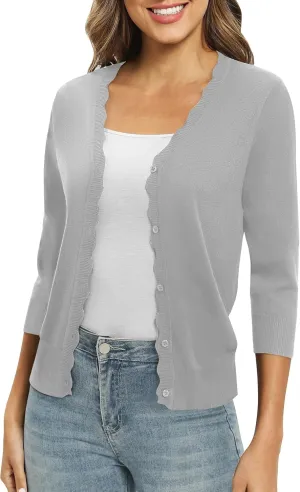 Women's 3/4 Sleeve V-Neck Cardigan Sweater Lightweight Button Down Short Shrug Sweaters for Dresses