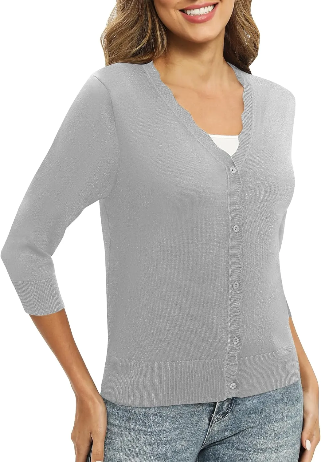 Women's 3/4 Sleeve V-Neck Cardigan Sweater Lightweight Button Down Short Shrug Sweaters for Dresses
