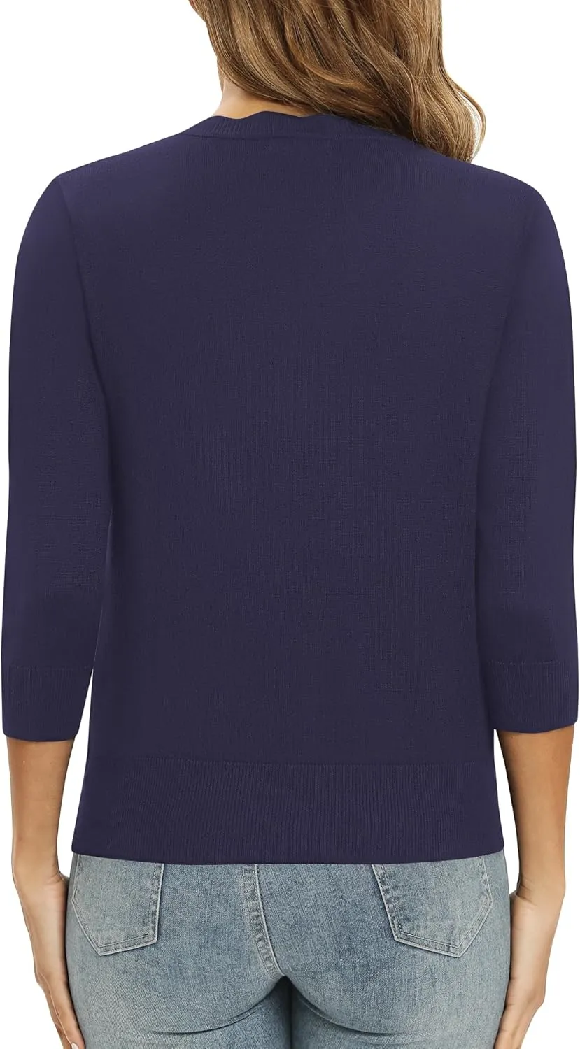 Women's 3/4 Sleeve V-Neck Cardigan Sweater Lightweight Button Down Short Shrug Sweaters for Dresses