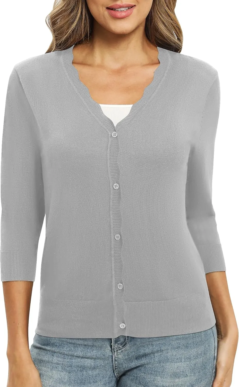 Women's 3/4 Sleeve V-Neck Cardigan Sweater Lightweight Button Down Short Shrug Sweaters for Dresses