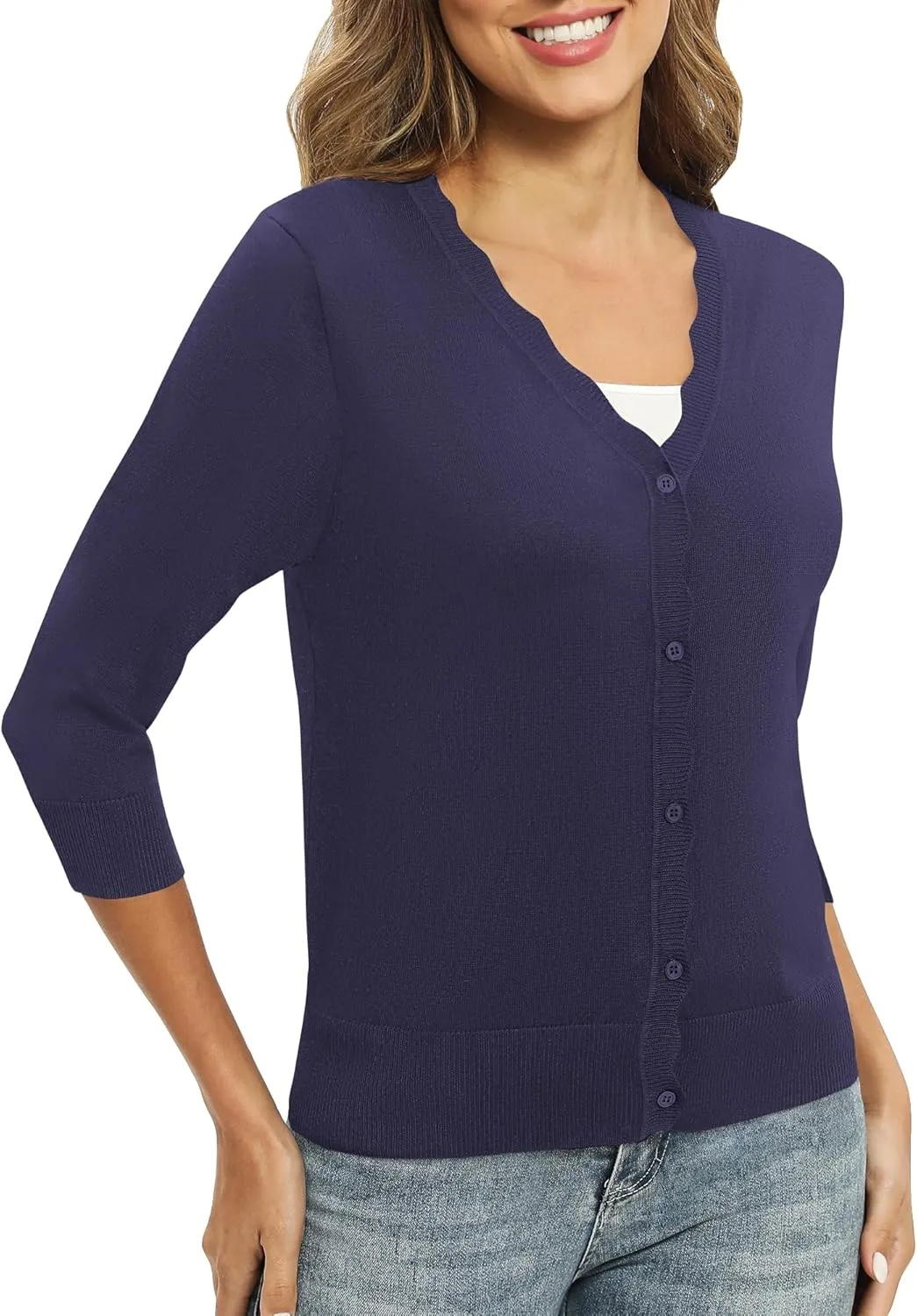 Women's 3/4 Sleeve V-Neck Cardigan Sweater Lightweight Button Down Short Shrug Sweaters for Dresses