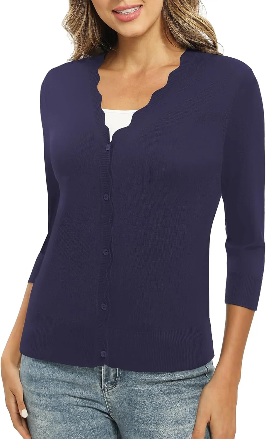 Women's 3/4 Sleeve V-Neck Cardigan Sweater Lightweight Button Down Short Shrug Sweaters for Dresses