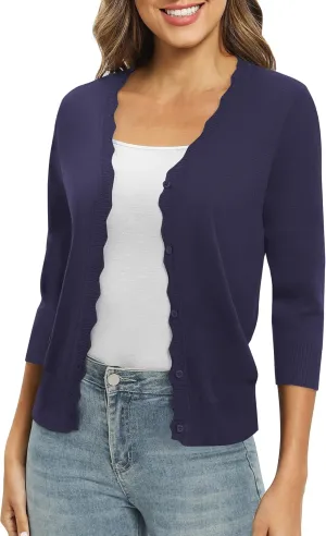 Women's 3/4 Sleeve V-Neck Cardigan Sweater Lightweight Button Down Short Shrug Sweaters for Dresses